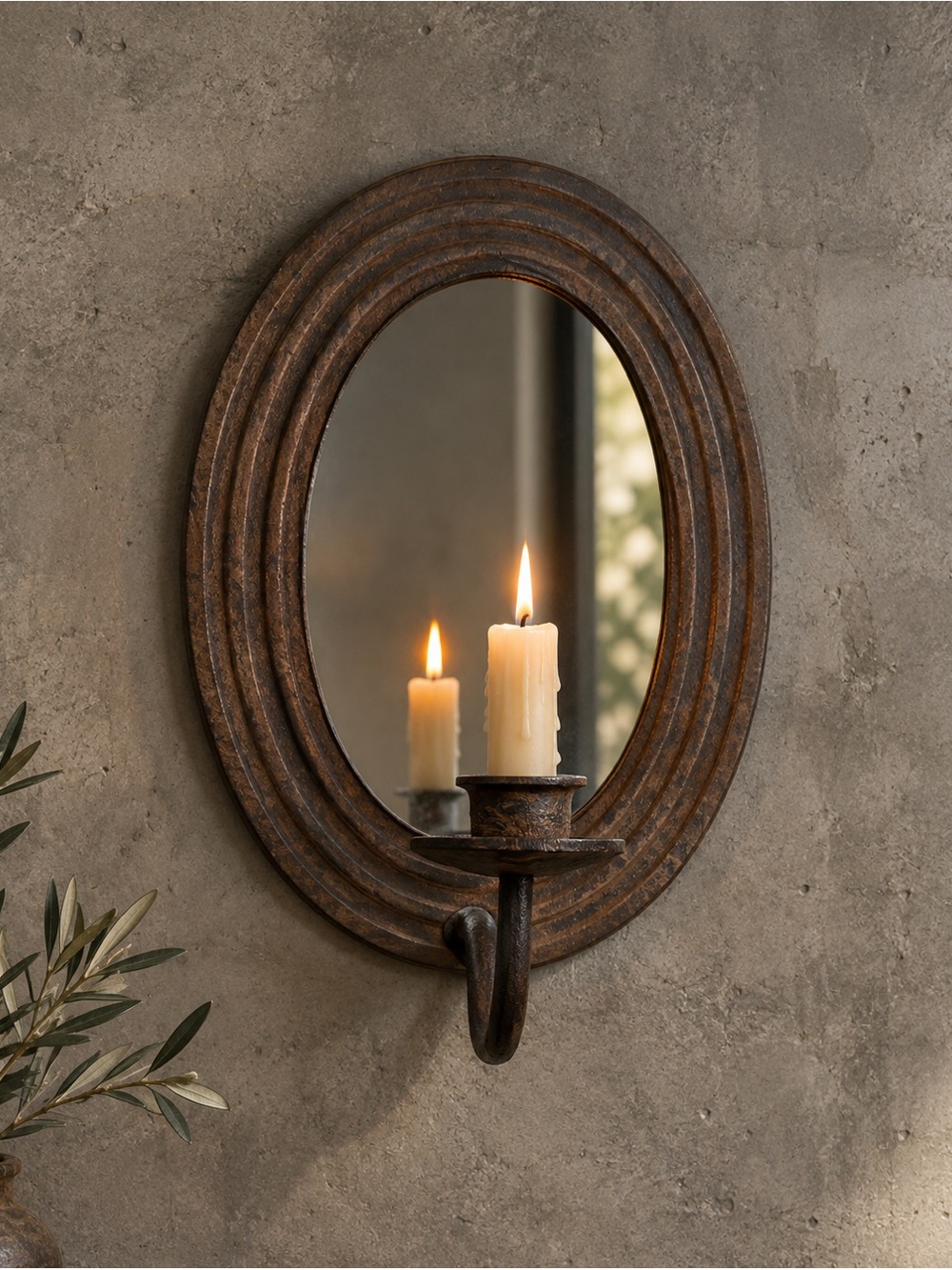 Iron Oval Mirror and Candle Stick Holder